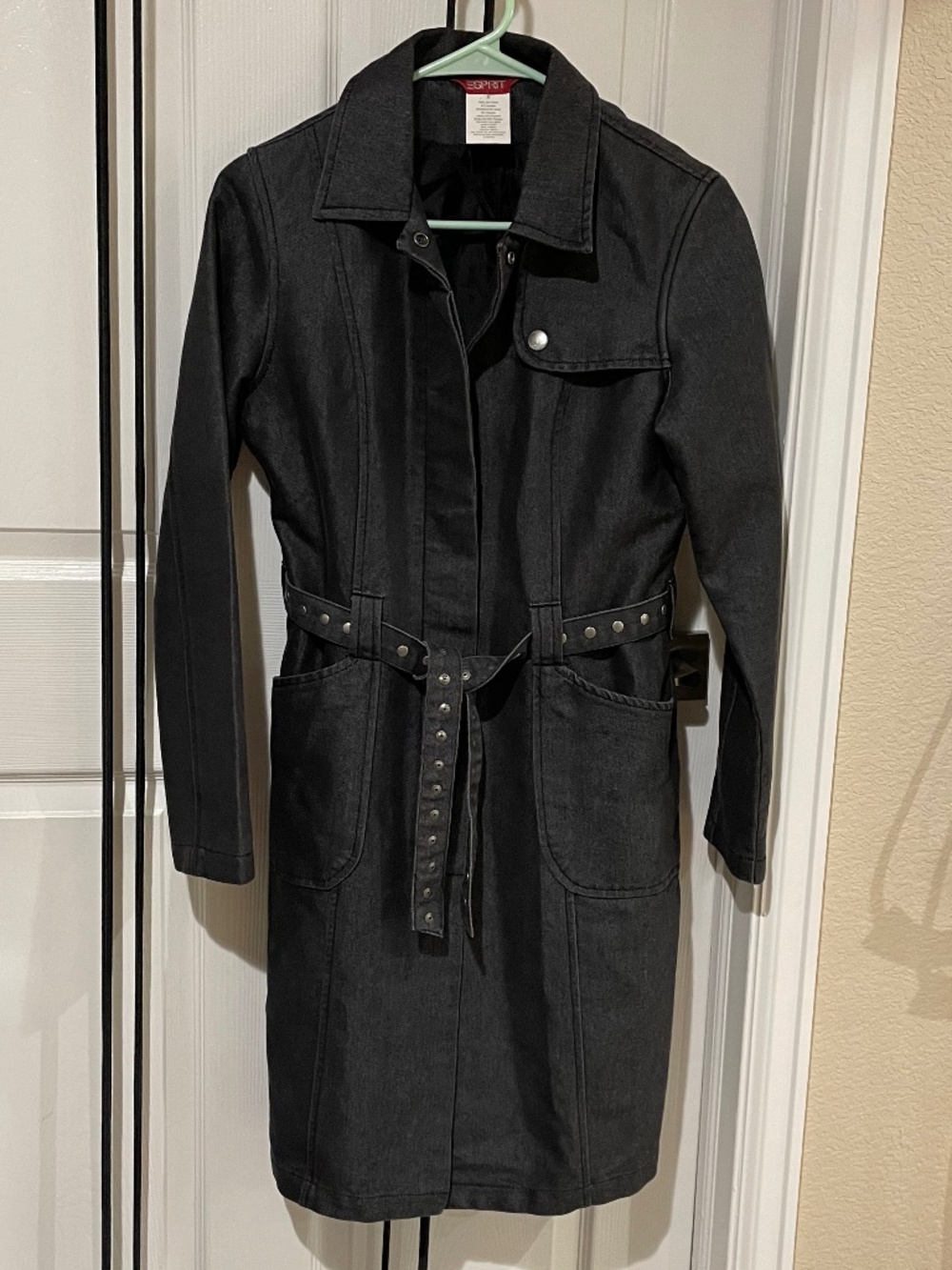ESPRIT Vintage Black Denim Trench Coat Studded Belted Jacket Size M